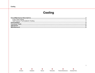 Cooling
Cooling
Circuit/Mechanical Descriptions.....................................................................................................................................................2
X-ray Tube Cooling .......................................................................................................................................................................2
CCD Camera Thermoelectric Cooling...........................................................................................................................................4
Fault Isolation...................................................................................................................................................................................5
Functional Tests...............................................................................................................................................................................6
Adjustment .......................................................................................................................................................................................6
Miscellaneous...................................................................................................................................................................................6
1
Service Periodic Maintenance
Contents Schematics Illustrated Parts
Installation
 