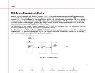Cooling
CCD Camera Thermoelectric Cooling
A second source of generated heat is the CCD Camera. The CCD chip in the camera generates considerable heat as it helps
create video from the visible light images on the Image Intensifier output phosphor. A themoelectric cooler (TEC) heat sinked to
the back of the CCD chip helps keep the chip cool enough to perform in its linear region and avoid damage. The TEC is actually a
solid-state heat pump that draws heat from the CCD and transfers it to a heat sink. If the CCD Camera is not cooled, the “dark”
current will increase. That would result in greater fixed paattern defects. However, white dots may appear due to failure of the
offset correction hardware on the Video Control PCB, or software.
The TEC requires +5 Volts at about 2.5 watts to adequately cool the CCD. The Power/Motor Relay PCB receives +12 Volts from
Power Supply PS1 through a voltage-dropping array to produce the +5 Volts.
The +5 Volts is sent from the Fluoro Functions PCB to the TEC. A Field Effect Transistor turns power to the TEC on and off under
software control. TEC is mostly off after system boot-up. The on/off algorithm under softare control increases the on time (duty
cycle) so that more cooling takes place the longer the system is booted.
4
Service Periodic Maintenance
Contents Schematics Illustrated Parts
Installation
 