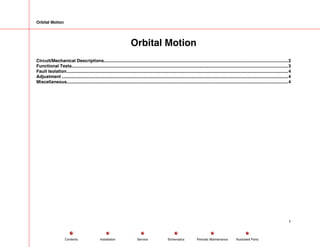 Orbital Motion
Orbital Motion
Circuit/Mechanical Descriptions.....................................................................................................................................................2
Functional Tests...............................................................................................................................................................................3
Fault Isolation...................................................................................................................................................................................4
Adjustment .......................................................................................................................................................................................4
Miscellaneous...................................................................................................................................................................................4
1
Service Periodic Maintenance
Contents Schematics Illustrated Parts
Installation
 
