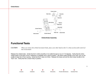 Orbital Motion
Brake Pad
Brake
Brake Arm
Roller Spring Washers
Brake Handle
Brake Pivot
Brake Shaft
Brake Cam
Cylinder Bearing
Brake Handle
Friction Clutch
Roller Yoke
Cylinder Bearing
Orbital Brake Assembly
Functional Tests
CAUTION: When you release the orbital movement brake, place your other hand on the C so that you have full control of
the its movement.
Release the orbital brake. Verify that the C orbits smoothly in its cradle through an arc of 115 degrees. Verify that the entire
orbital scale on the back of the C weldment is readable and in good condition. Set either brake handle to the “lock” icon on the
cradle to keep the C from moving. Verify that the C does not move. Release the brake and set the other brake handle to the
"lock" icon. Verify that the C locks firmly in position.
3
Service Periodic Maintenance
Contents Schematics Illustrated Parts
Installation
 