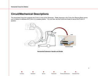 Horizontal Cross Arm Motion
Circuit/Mechanical Descriptions
The Horizontal Cross Arm supports the C-Arm in front of the Generator. Roller bearings in the Cross Arm Bearing Block permit
you to extend or withdraw the C-Arm to a suitable position. You can then use the Cross Arm brake to secure the C-Arm in
position.
Lock
Extension Scale
Horizontal Extension Handle and Brake
2
Service Periodic Maintenance
Contents Schematics Illustrated Parts
Installation
 