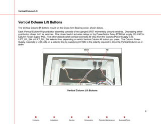 Vertical Column Lift
Vertical Column Lift Buttons
The Vertical Column lift buttons mount on the Cross Arm Bearing cover, shown below.
Each Vertical Column lift pushbutton assembly consists of two ganged SPST momentary closure switches. Depressing either
pushbutton closes both its switches. One closed switch actuates relays on the Power/Motor Relay PCB that supply 115 VAC to
Column Power Supply PS3. The other closed switch contact connects 36 VDC from the Column Power Supply to its
LIFT_UP_SW or LIFT_DN_SW selector line, depending on which Vertical Column lift button you press. The Column Power
Supply responds to +36 volts on a selector line by supplying 24 VDC in the polarity required to drive the Vertical Column up or
down.
Up
Down
Vertical Column Lift Buttons
8
Service Periodic Maintenance
Contents Schematics Illustrated Parts
Installation
 
