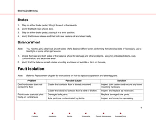 Steering and Braking
Brakes
1. Step on either brake pedal, tilting it forward or backwards.
2. Verify that both rear wheels lock.
3. Step on either brake pedal, placing it in a level position.
4. Verify that brakes release and that both rear casters roll and steer freely.
Balance Wheel
Note: You need to get a clear look at both sides of the Balance Wheel when performing the following tests. If necessary, use a
flashlight or some other light source.
1. Check the tread and both sides of the balance wheel for damage and other problems. Look for embedded debris, cuts,
contamination, and excessive wear.
2. Verify that the balance wheel rotates smoothly and does not wobble or bind on the axle.
Fault Isolation
Note: Refer to Replacement chapter for instructions on how to replace suspension and steering parts.
Problem Possible Cause Solution
Caster that contacts floor is loosely mounted. Inspect both casters and secure any loose
mounting hardware.
One front caster does not
contact the floor
Caster that does not contact floor is bent or broken. Inspect and replace as necessary.
Damaged axle parts. Replace damaged axle parts.
Front caster does not pivot
freely on vertical axis
Axle parts are contaminated by debris. Inspect and correct as necessary.
8
Service Periodic Maintenance
Contents Schematics Illustrated Parts
Installation
 