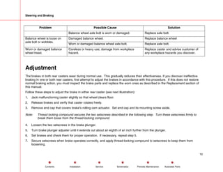 Steering and Braking
Problem Possible Cause Solution
Balance wheel axle bolt is worn or damaged. Replace axle bolt.
Damaged balance wheel. Replace balance wheel
Balance wheel is loose on
axle bolt or wobbles.
Worn or damaged balance wheel axle bolt. Replace axle bolt.
Worn or damaged balance
wheel tread.
Careless or heavy use; damage from workplace
hazard.
Replace caster and advise customer of
any workplace hazards you discover.
Adjustment
The brakes in both rear casters wear during normal use. This gradually reduces their effectiveness. If you discover ineffective
braking in one or both rear casters, first attempt to adjust the brakes in accordance with this procedure. If this does not restore
normal braking action, you must inspect the brake parts and replace the worn ones as described in the Replacement section of
this manual.
Follow these steps to adjust the brake in either rear caster (see next illustration):
1. Jack malfunctioning caster slightly so that wheel clears floor.
2. Release brakes and verify that caster rotates freely.
3. Remove end cap that covers brake's rolling cam actuator. Set end cap and its mounting screw aside.
Note: Thread locking compound secures the two setscrews described in the following step. Turn these setscrews firmly to
break them loose from the thread-locking compound.
4. Loosen the two setscrews in the brake plunger.
5. Turn brake plunger adjuster until it extends out about an eighth of an inch further from the plunger.
6. Set brakes and check them for proper operation. If necessary, repeat step 5.
7. Secure setscrews when brake operates correctly, and apply thread-locking compound to setscrews to keep them from
loosening.
10
Service Periodic Maintenance
Contents Schematics Illustrated Parts
Installation
 