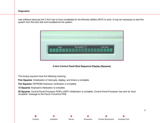 Diagnostics
new software because the C-Arm has to boot completely for the Remote Utilities (RUT) to work. It may be necessary to start the
system from the boot disk and troubleshoot the system.
C-Arm Control Panel Boot Sequence Display (Squares)
The bootup squares have the following meaning:
Five Squares: Initialization of interrupts, display, and timers is complete.
Ten Squares: EEPROM checksum verification is complete.
15 Squares: Keyboard initialization is complete.
20 Squares: Control Panel Processor PCB’s UART initialization is complete. Control Panel Processor has sent its “boot
complete” message to the Fluoro Functions PCB.
3
Service Periodic Maintenance
Contents Schematics Illustrated Parts
Installation
 
