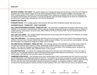 Diagnostics
BATTERY CHARGE - XX% /WAIT - The system displays this message alternating with the technique when the C-Arm batteries
are below 40% of their required charge. XX is the actual charge percentage, which the system displays in the message. The
WAIT message appears in the center of the technique display. Fluoro exposures are allowed, but Film and HLF exposures are
not allowed until the battery has recharged. To charge the batteries, leave the system plugged into an active AC receptacle with
the Interconnect Cable in place between the C-Arm and the Workstation.
CAMERA IRIS FAILURE
CHARGER FAILED - This message appears alternating with technique when the Battery Charger fails during bootup.
CHARGER FAILED – POWER OFF – WAIT 5 SECONDS
COLL IRIS POTENTIOMETER ERROR - PRESS ANY KEY - You will see this message when the position potentiometer on the
collimator is not working or is disconnected. Until you clear this message, all generator functions including X-rays are disabled. If
problem persists, check position sense line COLL_IRIS_POSN on the Fluoro Functions PCB. This line should transition as the
collimator iris moves.
COLL IRIS TOO LARGE - This message appears alternating with the technique when the aperture in the Collimator iris is larger
than indicated on the C-Arm Control Panel.
COLL IRIS UNSTABLE - This message appears alternating with the technique on both C-Arm Control Panel displays when the
collimator iris motor cannot maintain position tolerance, usually because it’s jittery. You may continue to use the system, although
the iris instability may degrade the image at the edges of the X-ray field.
COLLIMATOR CAL REQUIRED - PRESS ANY KEY - This message appears if the collimator’s iris and leaf position values do
not match the reference values stored in memory. All generator functions including X-rays are disabled until you clear this
problem. First, clear the message by pressing any key on either C-Arm control panel. If the message persists, recalibrate the
Collimator and restart the system. (See Calibration section in this manual.)
COLLIMATOR STUCK - You will see this message alternating with the technique when the Collimator iris motor can’t open or
close the iris. The message appears on both C-Arm Control Panel displays alternating with the technique. You can continue to
use the system, although you won’t be able to adjust the Collimator iris.
COMMUNICATION FAILED – This message occurs when the Workstation hasn’t communicated with the C-Arm for more than 1
second, allowing the C-arm Watchdog circuitry to “time out”. This problem has occurred in the past as a result of foot pedal “toe
tapping” (repeatedly pressing the foot pedal and releasing too quickly), as well as repeated random control panel button pressing.
The error can also occur when Workstation software encounters an exception, or anomalous condition in which it spends
excessive time executing specific routines and does not send updates to the C-arm. When this error occurs, the system finishes
8
Service Periodic Maintenance
Contents Schematics Illustrated Parts
Installation
 