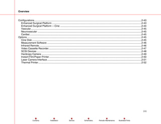 Overview
2-3
Service Periodic Maintenance
Contents Schematics Illustrated Parts
Installation
Configurations.............................................................................................................................................................2-43
Enhanced Surgical Platform ...................................................................................................................................2-43
Enhanced Surgical Platform -- Cine .......................................................................................................................2-44
Vascular..................................................................................................................................................................2-45
Neurovascular ........................................................................................................................................................2-45
Cardiac ...................................................................................................................................................................2-45
Options .......................................................................................................................................................................2-45
Cine Disk ................................................................................................................................................................2-45
Measurement Software ..........................................................................................................................................2-46
Infrared Remote......................................................................................................................................................2-46
Video Cassette Recorder........................................................................................................................................2-47
SCSI Devices .........................................................................................................................................................2-48
Hardcopy Camera ..................................................................................................................................................2-49
Instant Film/Paper Printer.......................................................................................................................................2-50
Laser Camera Interface..........................................................................................................................................2-51
Thermal Printer.......................................................................................................................................................2-52
 