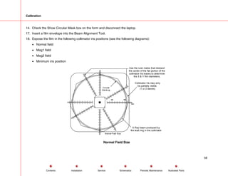 Calibration
14. Check the Show Circular Mask box on the form and disconnect the laptop.
17. Insert a film envelope into the Beam Alignment Tool.
18. Expose the film in the following collimator iris positions (see the following diagrams):
• Normal field
• Mag1 field
• Mag2 field
• Minimum iris position
mm
100
2
3 4
1
50
Use the ruler marks that intersect
the center of the flat portion of the
collimator iris leaves to determine
the X & Y film diameters.
Collimator Iris may only
be partially visible.
(1 or 2 leaves)
Normal Field Size
X-Ray beam produced by
the lead ring in the collimator
Circular
Blanking
Normal Field Size
58
Service Periodic Maintenance
Contents Schematics Illustrated Parts
Installation
 