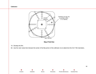 Calibration
Mag 2 Field Size
2
3 4
1
50
Collimator Iris may only
be partially visible.
(1 or 2 leaves)
Circular
Blanking
Mag 2 Field Size
19. Develop the film.
20. Use the ruler marks that intersect the center of the flat portion of the collimator iris to determine the X & Y film diameters.
60
Service Periodic Maintenance
Contents Schematics Illustrated Parts
Installation
 