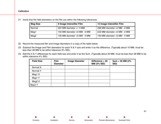 Calibration
21. Verify that the field diameters on the film are within the following tolerances:
Mag Size 9 Image Intensifier Film 12 Image Intensifier Film
Normal 222 MM diameter +/- 4 MM 296 MM diameter +0 MM -4 MM
Mag1 150 MM diameter +0 MM -4 MM 222 MM diameter +0 MM -4 MM
Mag2 130 MM diameter +0 MM -4 MM 150 MM diameter +0 MM -4 MM
22. Record the measured film and Image diameters in a copy of the table below.
23. Subtract the Image and Film diameters for each X & Y axis and enter it as the difference. (Typically about 10 MM, must be
less than 28 MM to be within tolerance 3% SID).
24. Add the X & Y differences for each field size and enter it as the Sum. (Typically about 20 MM, must be less than 36 MM to be
within tolerance 4% SID).
Field Size Film
Diameter
Image Diameter Difference < 28
MM (3% SID)
Sum < 36 MM (4%
SID)
Normal X
Normal Y
Mag1 X
Mag1 Y
Mag2 X
May2 Y
61
Service Periodic Maintenance
Contents Schematics Illustrated Parts
Installation
 