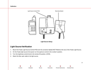 Calibration
Mounting Bracket
Light Source Control PCB
Light Source Setup
Light Source Verification
1. Mount the Fostec Light Source Control PCB onto the connector labeled NOT RS232 at the rear of the Fostec Light Source.
2. On the Fostec light source front panel, turn the aperture control to the number 5 position.
3. Turn the brightness control knob to the remote (R) position, (CCW).
4. Attach the fiber optic cable to the light source.
77
Service Periodic Maintenance
Contents Schematics Illustrated Parts
Installation
 