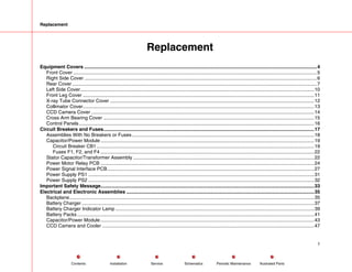Replacement
Replacement
Equipment Covers ...........................................................................................................................................................................4
Front Cover ...................................................................................................................................................................................5
Right Side Cover ...........................................................................................................................................................................6
Rear Cover....................................................................................................................................................................................7
Left Side Cover............................................................................................................................................................................10
Front Leg Cover ..........................................................................................................................................................................11
X-ray Tube Connector Cover ......................................................................................................................................................12
Collimator Cover..........................................................................................................................................................................13
CCD Camera Cover ....................................................................................................................................................................14
Cross Arm Bearing Cover ...........................................................................................................................................................15
Control Panels.............................................................................................................................................................................16
Circuit Breakers and Fuses...........................................................................................................................................................17
Assemblies With No Breakers or Fuses......................................................................................................................................18
Capacitor/Power Module.............................................................................................................................................................19
Circuit Breaker CB1................................................................................................................................................................19
Fuses F1, F2, and F4 .............................................................................................................................................................22
Stator Capacitor/Transformer Assembly .....................................................................................................................................22
Power Motor Relay PCB .............................................................................................................................................................24
Power Signal Interface PCB........................................................................................................................................................27
Power Supply PS1 ......................................................................................................................................................................31
Power Supply PS2 ......................................................................................................................................................................32
Important Safety Message.............................................................................................................................................................33
Electrical and Electronic Assemblies ..........................................................................................................................................35
Backplane....................................................................................................................................................................................35
Battery Charger...........................................................................................................................................................................37
Battery Charger Indicator Lamp ..................................................................................................................................................39
Battery Packs ..............................................................................................................................................................................41
Capacitor/Power Module.............................................................................................................................................................43
CCD Camera and Cooler ............................................................................................................................................................47
1
Service Periodic Maintenance
Contents Schematics Illustrated Parts
Installation
 