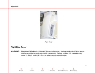 Replacement
Front Cover
Right Side Cover
WARNING: Disconnect Workstation from AC line and disconnect battery pack from C-Arm before
discharging high energy electrolytic capacitors. Failure to heed this message may
result in death, personal injury, or severe equipment damage.
6
Service Periodic Maintenance
Contents Schematics Illustrated Parts
Installation
 