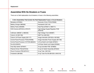 Replacement
Assemblies With No Breakers or Fuses
There are no field replaceable circuit breakers or fuses in the following assemblies:
C-Arm Assemblies That Contain No Field Replaceable Fuses or Circuit Breakers
Backplane (879364) Generator Driver PCB (878908)
Battery Charger (880306) Handswitch (901144)
Battery Packs (900589) Heat Pipe (879557 or 880717)
CCD Camera (879126 or 879127) High Voltage Supply Regulator PCB
(878729)
Collimator (880391 or 880430) High Voltage Tank (900987)
Column Lift (901166) IGBT Fan (881200)
Column Lift Power Supply (901177) Image Intensifier (901226 or 901083)
Control Panel Processor PCB (878488) Image Intensifier Power Supply (901180)
Control Panel Processor I/O PCB (880324) Lift Up Switch and Cable (879031)
Fan B2 (879970) Lift Down Switch and Cable (879395)
Fast Stop Switch (879407) X-ray Controller PCB (879805)
Filament Driver PCB (879722) X-ray On Switch Assembly (879422)
Fluoro Functions PCB (879101) X-ray Tube (901318)
Footswitch (881060) X-ray Tube Fan B3 (881220 or 881219)
18
Service Periodic Maintenance
Contents Schematics Illustrated Parts
Installation
 