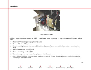 Replacement
Circuit Breaker CB2
CB2 is a 1-Amp breaker that protects the XFMR_115VAC line to Stator Transformer T3. Use the following procedure to replace
CB2:
1. Disconnect Workstation power plug from AC source.
2. Remove C-Arm's Left Side cover.
3. Remove attaching hardware that secures CB2 to Stator Capacitor/Transformer module. Retain attaching hardware for
reuse.
4. Withdraw CB2 from its mounting spot.
5. Disconnect and tag wires from CB2.
6. Connect wires you removed in step 4 to replacement circuit breaker.
7. Mount replacement circuit breaker on Stator Capacitor/Transformer module. Secure replacement breaker with attaching
hardware you removed in step 3.
23
Service Periodic Maintenance
Contents Schematics Illustrated Parts
Installation
 