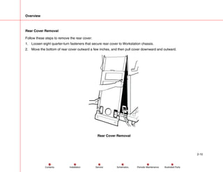 Overview
2-10
Service Periodic Maintenance
Contents Schematics Illustrated Parts
Installation
Rear Cover Removal
Follow these steps to remove the rear cover:
1. Loosen eight quarter-turn fasteners that secure rear cover to Workstation chassis.
2. Move the bottom of rear cover outward a few inches, and then pull cover downward and outward.
Rear Cover Removal
 