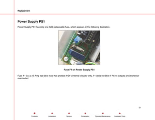 Replacement
Power Supply PS1
Power Supply PS1 has only one field replaceable fuse, which appears in the following illustration.
Fuse F1 on Power Supply PS1
Fuse F1 is a 3.15 Amp fast blow fuse that protects PS1’s internal circuitry only. F1 does not blow if PS1’s outputs are shorted or
overloaded.
31
Service Periodic Maintenance
Contents Schematics Illustrated Parts
Installation
 