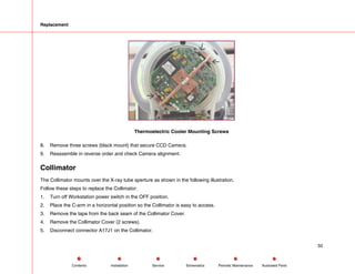 Replacement
Thermoelectric Cooler Mounting Screws
8. Remove three screws (black mount) that secure CCD Camera.
9. Reassemble in reverse order and check Camera alignment.
Collimator
The Collimator mounts over the X-ray tube aperture as shown in the following illustration.
Follow these steps to replace the Collimator:
1. Turn off Workstation power switch in the OFF position.
2. Place the C-arm in a horizontal position so the Collimator is easy to access.
3. Remove the tape from the back seam of the Collimator Cover.
4. Remove the Collimator Cover (2 screws).
5. Disconnect connector A17J1 on the Collimator.
50
Service Periodic Maintenance
Contents Schematics Illustrated Parts
Installation
 