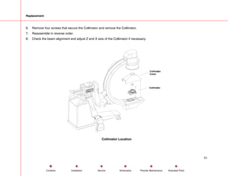 Replacement
6. Remove four screws that secure the Collimator and remove the Collimator.
7. Reassemble in reverse order.
8. Check the beam alignment and adjust Z and X axis of the Collimator if necessary.
Collimator
Collimator
Cover
Collimator Location
51
Service Periodic Maintenance
Contents Schematics Illustrated Parts
Installation
 