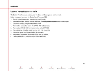 Replacement
Control Panel Processor PCB
The Control Panel Processor resides under the Cross Arm Bearing cover as shown next.
Follow these steps to remove the Control Panel Processor PCB:
1. Turn off the Workstation and unplug it from the AC outlet.
2. Remove Cross Arm Bearing cover as described in the Equipment Covers section of this chapter.
3. Disconnect and tag wiring from the CPP I/O PCB.
4. Remove two screws that secure the CPP/IO PCB to the chassis.
5. Remove the CPP I/O PCB from its connection to the CPP PCB.
6. Remove the top of the EMI shield from the CPP PCB (friction fit).
7. Disconnect wiring from connectors and tag each wire.
8. Remove four screws that secure the CPP PCB to the chassis.
9. Lift the CPP PCB out of the bottom half of the EMI shield.
52
Service Periodic Maintenance
Contents Schematics Illustrated Parts
Installation
 