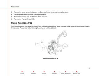 Replacement
3. Remove the seven screws that secure the Generator Driver Cover and remove the cover.
4. Disconnect the cabling from the Filament Driver PCB.
5. Remove two screws from the Filament Driver heat sink.
6. Remove the Filament Driver PCB.
Fluoro Functions PCB
The Fluoro Functions PCB is the left-most PCB in the card rack assembly, which is located in the upper left-hand corner of the C-
Arm chassis. Please refer to the following illustration for additional details.
Electronic
Card Rack
Cover
Fluoro
Function
PCB
Fluoro Functions PCB
57
Service Periodic Maintenance
Contents Schematics Illustrated Parts
Installation
 