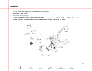 Replacement
1. Turn off Workstation and disconnect its plug from the AC outlet.
2. Remove all C-Arm covers.
3. Disconnect steering linkage.
4. USING GREAT CARE TO AVOID ELECTRIC SHOCK, disconnect battery cables from P1A and P3B on Capacitor/Power
module. (Refer to Capacitor/Power module replacement procedure in this chapter for details.)
High
Voltage
Tank
High Voltage Tank
65
Service Periodic Maintenance
Contents Schematics Illustrated Parts
Installation
 