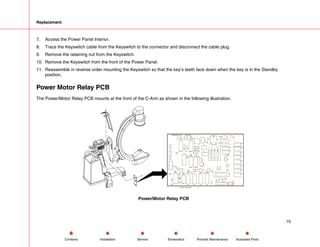 Replacement
7. Access the Power Panel Interior.
8. Trace the Keyswitch cable from the Keyswitch to the connector and disconnect the cable plug.
9. Remove the retaining nut from the Keyswitch.
10. Remove the Keyswitch from the front of the Power Panel.
11. Reassemble in reverse order mounting the Keyswitch so that the key’s teeth face down when the key is in the Standby
position.
Power Motor Relay PCB
The Power/Motor Relay PCB mounts at the front of the C-Arm as shown in the following illustration.
Power/Motor Relay PCB
75
Service Periodic Maintenance
Contents Schematics Illustrated Parts
Installation
 