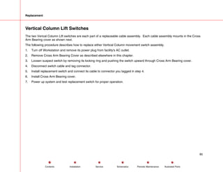 Replacement
Vertical Column Lift Switches
The two Verical Column Lift switches are each part of a replaceable cable assembly. Each cable assembly mounts in the Cross
Arm Bearing cover as shown next.
The following procedure describes how to replace either Vertical Column movement switch assembly.
1. Turn off Workstation and remove its power plug from facility's AC outlet.
2. Remove Cross Arm Bearing Cover as described elsewhere in this chapter.
3. Loosen suspect switch by removing its locking ring and pushing the switch upward through Cross Arm Bearing cover.
4. Disconnect switch cable and tag connector.
5. Install replacement switch and connect its cable to connector you tagged in step 4.
6. Install Cross Arm Bearing cover.
7. Power up system and test replacement switch for proper operation.
85
Service Periodic Maintenance
Contents Schematics Illustrated Parts
Installation
 