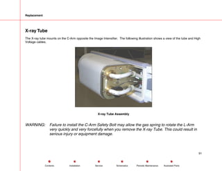 Replacement
X-ray Tube
The X-ray tube mounts on the C-Arm opposite the Image Intensifier. The following illustration shows a view of the tube and High
Voltage cables.
X-ray Tube Assembly
WARNING: Failure to install the C-Arm Safety Bolt may allow the gas spring to rotate the L-Arm
very quickly and very forcefully when you remove the X-ray Tube. This could result in
serious injury or equipment damage.
91
Service Periodic Maintenance
Contents Schematics Illustrated Parts
Installation
 