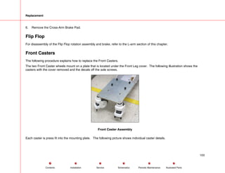 Replacement
6. Remove the Cross-Arm Brake Pad.
Flip Flop
For disassembly of the Flip Flop rotation assembly and brake, refer to the L-arm section of this chapter.
Front Casters
The following procedure explains how to replace the Front Casters.
The two Front Caster wheels mount on a plate that is located under the Front Leg cover. The following illustration shows the
casters with the cover removed and the decals off the axle screws.
Front Caster Assembly
Each caster is press fit into the mounting plate. The following picture shows individual caster details.
103
Service Periodic Maintenance
Contents Schematics Illustrated Parts
Installation
 