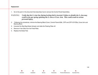 Replacement
1. Go to the point in this document that describes how to remove the Control Panel Assemblies.
WARNING: Verify that the L-Arm Gas Spring locking bolt is inserted. Failure to disable the L-Arm may
result in the gas spring spinning the L-Arm or Cross Arm. This could result in serious
personal injury.
2. Following the procedures, remove the Bearing Block Cover, Control Panel ASM., CPP and CPP I/O PCBs, Cross Arm and
Bearing Block.
3. Unscrew the Wig Wag Brake Actuator and slide the Floating Plate off.
4. Remove 4 hex bolts from the Fixed Plate.
5. Replace the Brake Pad.
120
Service Periodic Maintenance
Contents Schematics Illustrated Parts
Installation
 