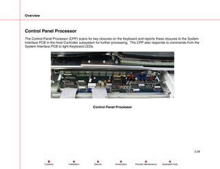 Overview
2-28
Service Periodic Maintenance
Contents Schematics Illustrated Parts
Installation
Control Panel Processor
The Control Panel Processor (CPP) scans for key closures on the Keyboard and reports these closures to the System
Interface PCB in the Host Controller subsystem for further processing. The CPP also responds to commands from the
System Interface PCB to light Keyboard LEDs.
Control Panel Processor
 