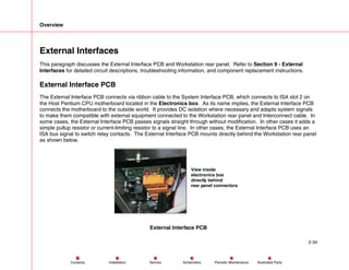Overview
2-34
Service Periodic Maintenance
Contents Schematics Illustrated Parts
Installation
External Interfaces
This paragraph discusses the External Interface PCB and Workstation rear panel. Refer to Section 9 - External
Interfaces for detailed circuit descriptions, troubleshooting information, and component replacement instructions.
External Interface PCB
The External Interface PCB connects via ribbon cable to the System Interface PCB, which connects to ISA slot 2 on
the Host Pentium CPU motherboard located in the Electronics box. As its name implies, the External Interface PCB
connects the motherboard to the outside world. It provides DC isolation where necessary and adapts system signals
to make them compatible with external equipment connected to the Workstation rear panel and Interconnect cable. In
some cases, the External Interface PCB passes signals straight through without modification. In other cases it adds a
simple pullup resistor or current-limiting resistor to a signal line. In other cases, the External Interface PCB uses an
ISA bus signal to switch relay contacts. The External Interface PCB mounts directly behind the Workstation rear panel
as shown below.
View inside
electronics box
directly behind
rear panel connectors
External Interface PCB
 