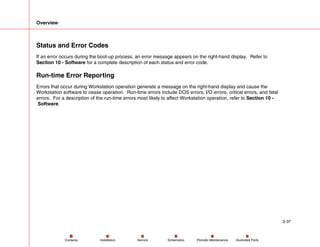 Overview
2-37
Service Periodic Maintenance
Contents Schematics Illustrated Parts
Installation
Status and Error Codes
If an error occurs during the boot-up process, an error message appears on the right-hand display. Refer to
Section 10 - Software for a complete description of each status and error code.
Run-time Error Reporting
Errors that occur during Workstation operation generate a message on the right-hand display and cause the
Workstation software to cease operation. Run-time errors include DOS errors, I/O errors, critical errors, and fatal
errors. For a description of the run-time errors most likely to affect Workstation operation, refer to Section 10 -
Software.
 