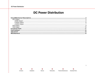 DC Power Distribution
DC Power Distribution
Circuit/Mechanical Descriptions.....................................................................................................................................................2
PS1 Output....................................................................................................................................................................................2
+5VDC Output ..........................................................................................................................................................................2
+12VDC Output ........................................................................................................................................................................6
±15VDC Output ........................................................................................................................................................................7
PS2 Output....................................................................................................................................................................................8
PS3 Output..................................................................................................................................................................................10
Functional Tests.............................................................................................................................................................................11
Fault Isolation.................................................................................................................................................................................12
Adjustment .....................................................................................................................................................................................13
Miscellaneous.................................................................................................................................................................................13
1
Service Periodic Maintenance
Contents Schematics Illustrated Parts
Installation
 