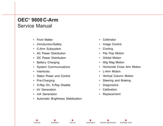OEC®
9800C-Arm
Service Manual
Contents Installation Service Schematics Periodic Maintenance Illustrated Parts
• Front Matt...