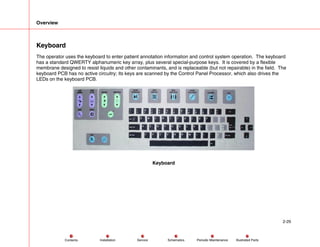 Overview
2-29
Service Periodic Maintenance
Contents Schematics Illustrated Parts
Installation
Keyboard
The operator uses t...