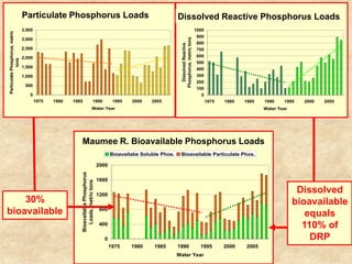 Maumee River, Annual Loads                                                                                       Maumee R., Annual Loading,
                                 Particulate Phosphorus Loads
                                         of Particulate Phosphorus                                                     Dissolved Dissolved Reactive Phosphorus Loads
                                                                                                                                 Reactive Phosphorus
                                 3,500                                                                                                             1000
Particulate Phosphorus, metric




                                                                                                                                                    900




                                                                                                                         Phosphorus, metric tons
                                 3,000
                                                                                                                                                    800




                                                                                                                           Dissolved Reactive
                                 2,500                                                                                                              700
                                 2,000                                                                                                              600
             tons




                                                                                                                                                    500
                                 1,500                                                                                                              400
                                 1,000                                                                                                              300
                                                                                                                                                    200
                                  500
                                                                                                                                                    100
                                    0                                                                                                                0
                                         1975   1980   1985                   1990          1995   2000    2005                                           1975   1980   1985   1990    1995   2000   2005
                                                                             Water Year                                                                                        Water Year




                                                          Maumee R. Bioavailable Phosphorus Loading
                                                             Maumee River, Bioavailable Phosphorus Loads
                                                                                           Bioavailabe Soluble Phos.    Bioavailable Particulate Phos.

                                                                                    2000
                                                          Bioavailable Phosphorus




                                                                                    1600
                                                             Loads, metric tons




                                                                                    1200
                                                                                                                                                                                             Dissolved
    30%                                                                                                                                                                                     bioavailable
bioavailable                                                                         800
                                                                                                                                                                                               equals
                                                                                     400                                                                                                      110% of
                                                                                      0                                                                                                         DRP
                                                                                           1975    1980     1985       1990                          1995        2000   2005
                                                                                                                       Water Year
 