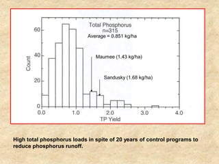 Average = 0.851 kg/ha



                               Maumee (1.43 kg/ha)



                                  Sandusky (1.68 kg/ha)




High total phosphorus loads in spite of 20 years of control programs to
reduce phosphorus runoff.
 