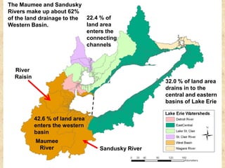 The Maumee and Sandusky
Rivers make up about 62%
of the land drainage to the 22.4 % of
Western Basin.              land area
                            enters the
                            connecting
                            channels



  River
  Raisin
                                                  32.0 % of land area
                                                  drains in to the
                                                  central and eastern
                                                  basins of Lake Erie


           42.6 % of land area
           enters the western
           basin
           Maumee
            River                Sandusky River
 