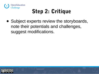 Step 2: Critique 
● Subject experts review the storyboards, 
note their potentials and challenges, 
suggest modifications. 
 