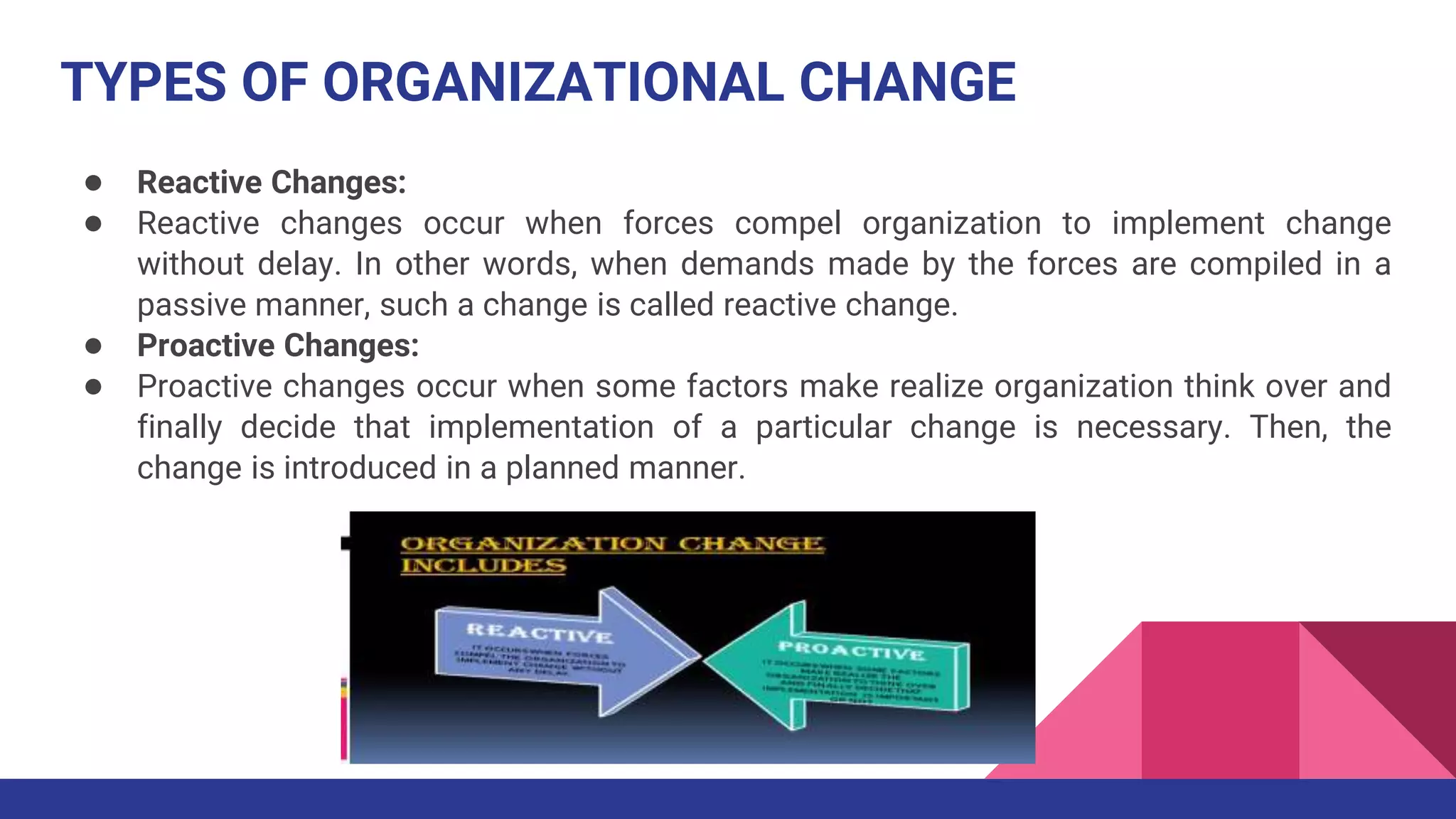 TYPES OF ORGANIZATIONAL CHANGE
● Reactive Changes:
● Reactive changes occur when forces compel organization to implement change
without delay. In other words, when demands made by the forces are compiled in a
passive manner, such a change is called reactive change.
● Proactive Changes:
● Proactive changes occur when some factors make realize organization think over and
finally decide that implementation of a particular change is necessary. Then, the
change is introduced in a planned manner.
 