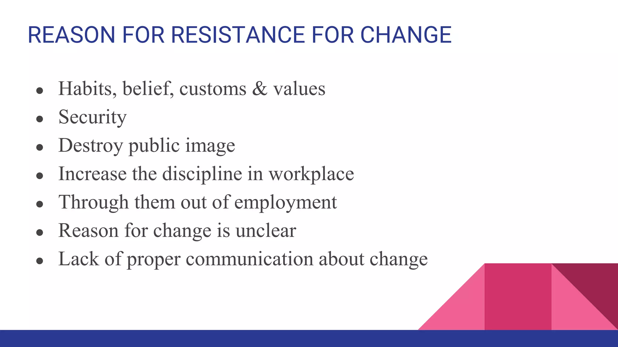 REASON FOR RESISTANCE FOR CHANGE
● Habits, belief, customs & values
● Security
● Destroy public image
● Increase the discipline in workplace
● Through them out of employment
● Reason for change is unclear
● Lack of proper communication about change
 