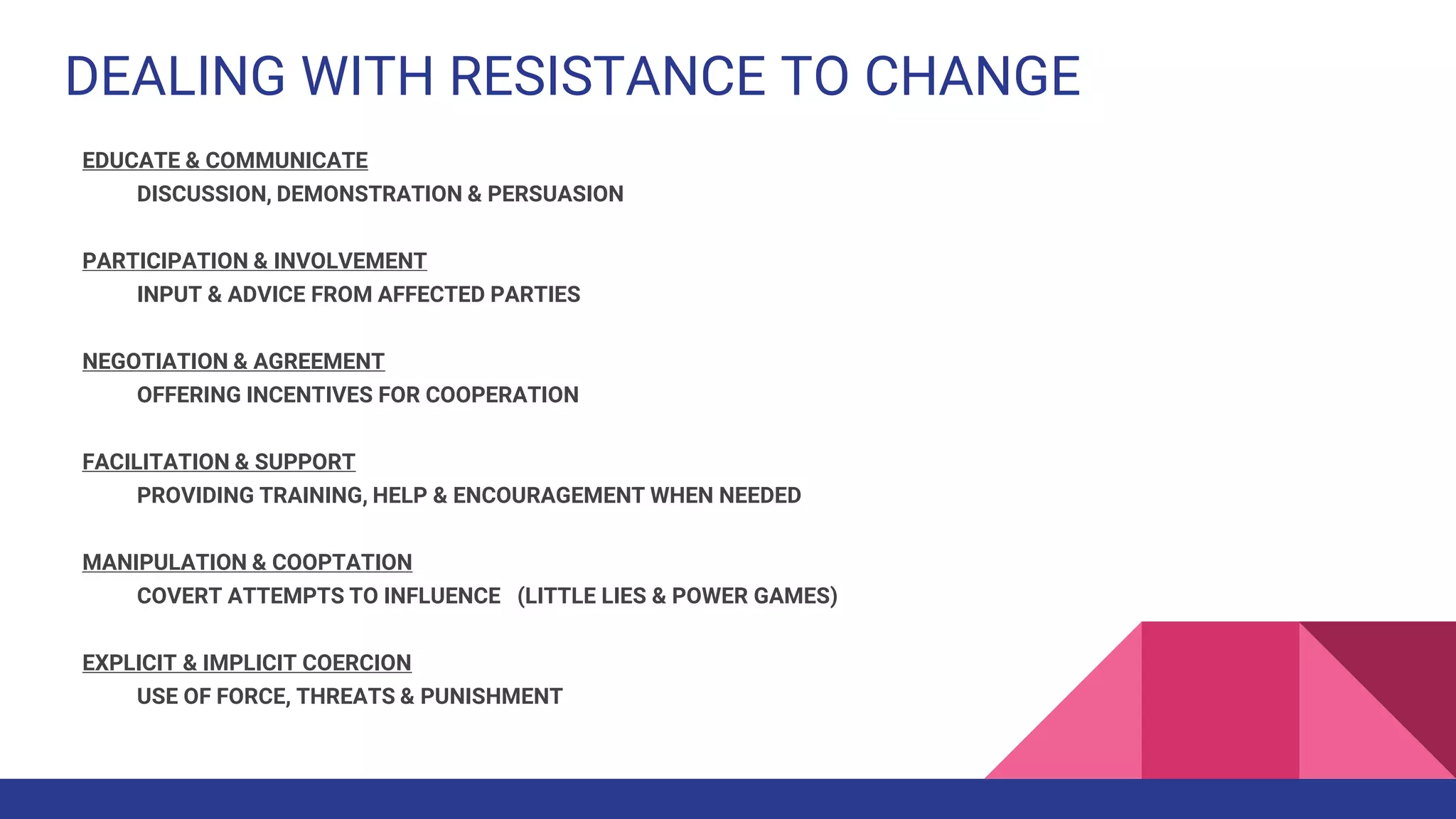 DEALING WITH RESISTANCE TO CHANGE
EDUCATE & COMMUNICATE
DISCUSSION, DEMONSTRATION & PERSUASION
PARTICIPATION & INVOLVEMENT
INPUT & ADVICE FROM AFFECTED PARTIES
NEGOTIATION & AGREEMENT
OFFERING INCENTIVES FOR COOPERATION
FACILITATION & SUPPORT
PROVIDING TRAINING, HELP & ENCOURAGEMENT WHEN NEEDED
MANIPULATION & COOPTATION
COVERT ATTEMPTS TO INFLUENCE (LITTLE LIES & POWER GAMES)
EXPLICIT & IMPLICIT COERCION
USE OF FORCE, THREATS & PUNISHMENT
 