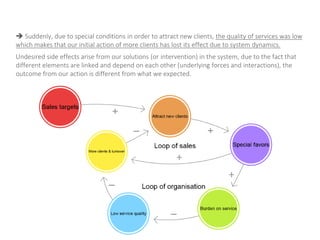  Suddenly, due to special conditions in order to attract new clients, the quality of services was low
which makes that our initial action of more clients has lost its effect due to system dynamics.
Undesired side effects arise from our solutions (or intervention) in the system, due to the fact that
different elements are linked and depend on each other (underlying forces and interactions), the
outcome from our action is different from what we expected.
 