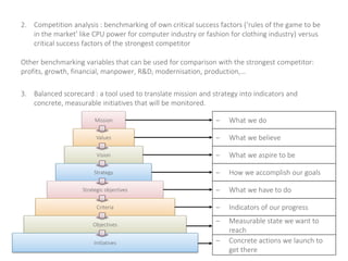 2. Competition analysis : benchmarking of own critical success factors (‘rules of the game to be
in the market’ like CPU power for computer industry or fashion for clothing industry) versus
critical success factors of the strongest competitor
Other benchmarking variables that can be used for comparison with the strongest competitor:
profits, growth, financial, manpower, R&D, modernisation, production,…
3. Balanced scorecard : a tool used to translate mission and strategy into indicators and
concrete, measurable initiatives that will be monitored.
Mission
Values
Vision
Strategy
Strategic objectives
Criteria
Objectives
– What we do
– What we believe
– What we aspire to be
– How we accomplish our goals
– What we have to do
– Indicators of our progress
– Measurable state we want to
reach
Initiatives – Concrete actions we launch to
get there
 
