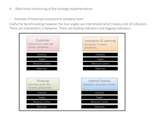 4. (Real-time) monitoring of the strategy implementation:
– Example of balanced scorecard at company level :
Useful for benchmarking however the four angles are interrelated which makes a lot of indicators.
There are interactions in between. There are leading indicators and lagging indicators.
Customer
Delivery time, after sale
service, complaints, ….
Innovation & Learning
Manpower, IT system,
procedures, ...
Financial
Cash flow, profit, ROI,
turnover, productivity,…
Internal Process
Operations, processes, service,
…
Initiatives
Targets
Measures / action
Objectives
Initiatives
Targets
Measures / action
Objectives
Initiatives
Targets
Measures / action
Objectives
Initiatives
Targets
Measures / action
Objectives
 