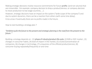 Making strategic decisions involve resource commitments for future profits (and not volume) that
are irreversible : For example: company decision to drop a product/service, or company decision
to move production to low-wage countries, …).
However, strategic decisions have an impact on the system (“wide scope of the company”) and
due to system dynamics, there can be a reaction from others (with some time delay).
Crisis arises if eventually there are no profits made in the future.
How to start building a strategy plan ?
“Ambition pulls the future to the present and strategic planning is the road from the present to the
future. “
Building a strategy depends on : (1) phase of industry/product-life cycle, (2) B2B or B2C market , (3)
changes in consumer habits, (4) level of import in the market, (5) cluster/concentration of
companies, (6) changes in technology, (7) uniqueness of the offered product/service, (8)
consumer buying repeatedly/frequently or one-time
 
