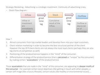 Strategic Marketing : Advertising is a strategic investment. Continuity of advertising is key.
– Stock-Flow diagram :
How ?
1. Attract consumers from top market leaders and develop them into your loyal customers.
2. Client relation marketing in order to become the best structural partner of the client.
However the top 20 % best clients are not always the most loyal clients (perhaps they are also
big clients at competition as well).
3. Positioning of the product/service happens in the “mind” of the consumer.
4. Differentiation strategy of the product/service (that is perceived as “unique” by the consumer)
by making certain “associations” of the product/service
Those associations that are made in the “mind” of the consumer, are appealing to deeper motifs of
the consumer : For example certain social objectives (like getting in touch with other people), a
certain self-image (like a luxury lifestyle), certain values (like healthy or environmental issues) ,…
Inflow Stock Outflow
great
time
lag
great
time
lag
Inflow or
investment
are
immediately
adjustable
Cumulative
result of the
inflow.
Outflow or
depreciati
on of
knowledge
 