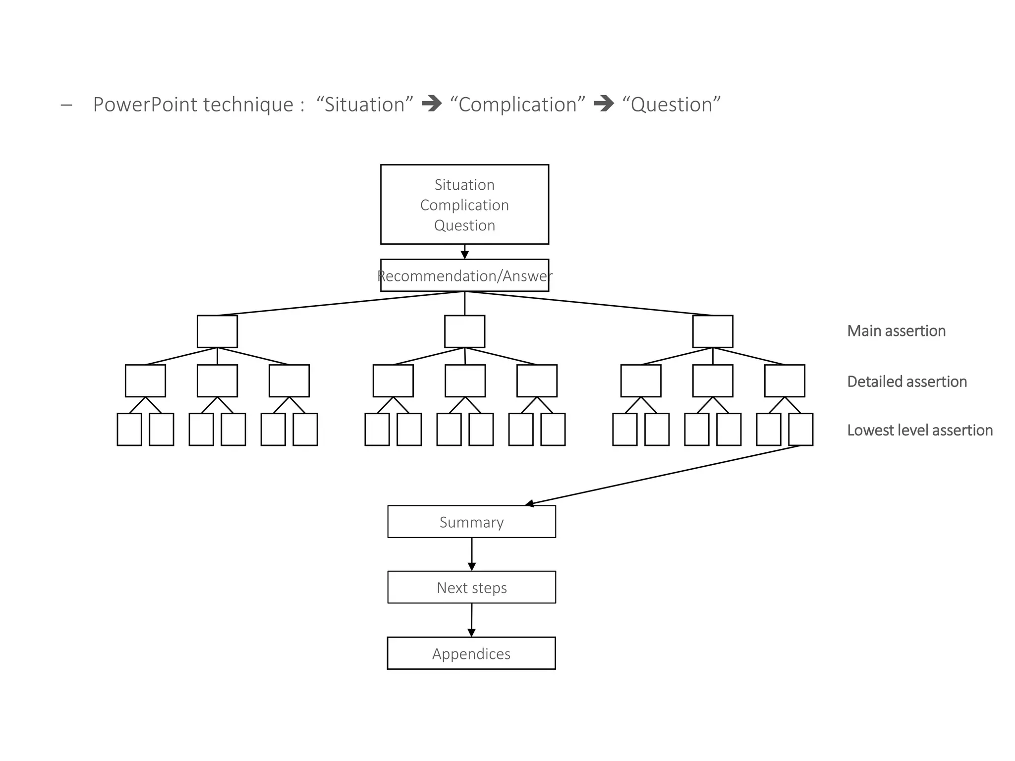 – PowerPoint technique : “Situation”  “Complication”  “Question”
Recommendation/Answer
Main assertion
Detailed assertion
Lowest level assertion
Situation
Complication
Question
Summary
Next steps
Appendices
 